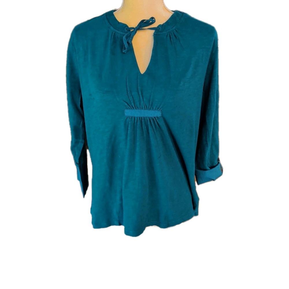 Caribbean Joe Women's T Shirt Teal Size XL 100% Cotton Long Sleeve With Button